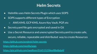 Helm Secrets
● Helmﬁle uses Helm Secrets Plugin which uses SOPS
● SOPS supports different types of Encryption
○ AWS KMS, GCP KMS, Azure Key Vault, PGP, etc
● Secrets.yaml ﬁle gets encrypted and saved in Git
● Use a Secret Resource and unencrypted Secrets.yaml to create safe,
secure, reliable, repeatable and distributed way to create Resources
https://github.com/zendesk/helm-secrets
https://github.com/mozilla/sops
https://gist.github.com/twolfson/01d515258eef8bdbda4f
 