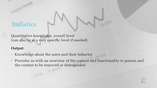 Statistics
Quantitative knowledge, overall level
(can also be at a very speciﬁc level if needed)
Output:
• Knowledge about the users and their behavior
• Provides us with an overview of the content and functionality to pursue and
the content to be removed or downgraded
 