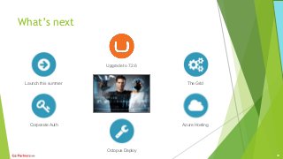 What’s next
Launch this summer
Upgrade to 7.2.6
The Grid
Corporate Auth
Octopus Deploy
Azure Hosting
44
 