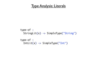 Type Analysis: Literals




type-of :
  StringLit(x) -> SimpleType("String")

type-of :
  IntLit(x) -> SimpleType("Int")
 