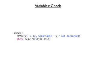 Variables: Check




check :
  e@Var(x) -> (e, $[Variable '[x]' not declared])
  where require(<type-of>e)
 