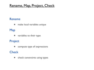 Rename, Map, Project, Check


Rename
   ★ make local variables unique

Map
   ★ variables to their type

Project
   ★ compute type of expressions

Check
   ★ check constraints using types
 