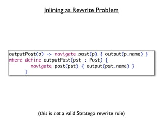 Inlining as Rewrite Problem




outputPost(p) -> navigate post(p) { output(p.name) }
where define outputPost(pst : Post) {
        navigate post(pst) { output(pst.name) }
      }




          (this is not a valid Stratego rewrite rule)
 