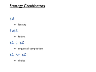 Strategy Combinators


id
     ★ Identity

fail
     ★ failure

s1 ; s2
     ★ sequential composition

s1 <+ s2
     ★ choice
 