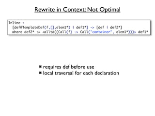 Rewrite in Context: Not Optimal
Inline :
  [def@TemplateDef(f,[],elem1*) | def1*] -> [def | def2*]
  where def2* := <alltd((Call(f) -> Call("container", elem1*)))> def1*




                 requires def before use
                 local traversal for each declaration
 