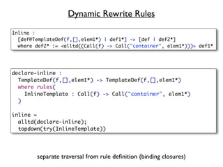 Dynamic Rewrite Rules
Inline :
  [def@TemplateDef(f,[],elem1*) | def1*] -> [def | def2*]
  where def2* := <alltd((Call(f) -> Call("container", elem1*)))> def1*




declare-inline :
  TemplateDef(f,[],elem1*) -> TemplateDef(f,[],elem1*)
  where rules(
    InlineTemplate : Call(f) -> Call("container", elem1*)
  )

inline =
  alltd(declare-inline);
  topdown(try(InlineTemplate))




        separate traversal from rule deﬁnition (binding closures)
 