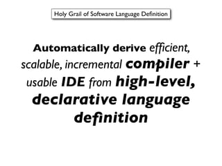 Holy Grail of Software Language Deﬁnition




  Automatically derive efﬁcient,
scalable, incremental compiler +
 usable IDE from high-level,
 declarative language
      deﬁnition
 