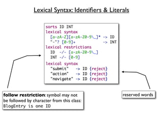 Lexical Syntax: Identiﬁers & Literals




follow restriction: symbol may not               reserved words
be followed by character from this class:
BlogEntry is one ID
 