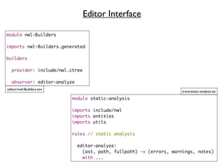 Editor Interface

module nwl-Builders

imports nwl-Builders.generated

builders

  provider: include/nwl.ctree

  observer: editor-analyze
editor/nwl-Builders.esv
                                                                    trans/static-analysis.str
                          module static-analysis

                          imports include/nwl
                          imports entities
                          imports utils

                          rules // static analysis

                             editor-analyze:
                               (ast, path, fullpath) -> (errors, warnings, notes)
                               with ...
 