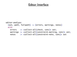 Editor Interface




editor-analyze:
  (ast, path, fullpath) -> (errors, warnings, notes)
  with
    errors   := <collect-all(check, conc)> ast;
    warnings := <collect-all(constraint-warning, conc)> ast;
    notes    := <collect-all(constraint-note, conc)> ast
 