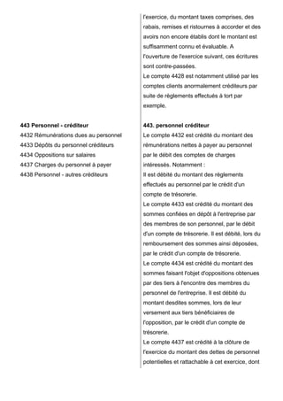 l'exercice, du montant taxes comprises, des
rabais, remises et ristournes à accorder et des
avoirs non encore établis dont le montant est
suffisamment connu et évaluable. A
l'ouverture de l'exercice suivant, ces écritures
sont contre-passées.
Le compte 4428 est notamment utilisé par les
comptes clients anormalement créditeurs par
suite de règlements effectués à tort par
exemple.

443 Personnel - créditeur

443. personnel créditeur

4432 Rémunérations dues au personnel

Le compte 4432 est crédité du montant des

4433 Dépôts du personnel créditeurs

rémunérations nettes à payer au personnel

4434 Oppositions sur salaires

par le débit des comptes de charges

4437 Charges du personnel à payer

intéressés. Notamment :

4438 Personnel - autres créditeurs

Il est débité du montant des règlements
effectués au personnel par le crédit d'un
compte de trésorerie.
Le compte 4433 est crédité du montant des
sommes confiées en dépôt à l'entreprise par
des membres de son personnel, par le débit
d'un compte de trésorerie. Il est débité, lors du
remboursement des sommes ainsi déposées,
par le crédit d'un compte de trésorerie.
Le compte 4434 est crédité du montant des
sommes faisant l'objet d'oppositions obtenues
par des tiers à l'encontre des membres du
personnel de l'entreprise. Il est débité du
montant desdites sommes, lors de leur
versement aux tiers bénéficiaires de
l'opposition, par le crédit d'un compte de
trésorerie.
Le compte 4437 est crédité à la clôture de
l'exercice du montant des dettes de personnel
potentielles et rattachable à cet exercice, dont

 