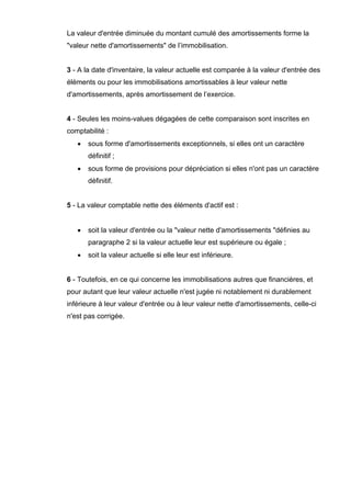 La valeur d'entrée diminuée du montant cumulé des amortissements forme la
"valeur nette d'amortissements" de l’immobilisation.

3 - A la date d'inventaire, la valeur actuelle est comparée à la valeur d'entrée des
éléments ou pour les immobilisations amortissables à leur valeur nette
d'amortissements, après amortissement de l’exercice.

4 - Seules les moins-values dégagées de cette comparaison sont inscrites en
comptabilité :
•

sous forme d'amortissements exceptionnels, si elles ont un caractère
définitif ;

•

sous forme de provisions pour dépréciation si elles n'ont pas un caractère
définitif.

5 - La valeur comptable nette des éléments d'actif est :
•

soit la valeur d'entrée ou la "valeur nette d'amortissements "définies au
paragraphe 2 si la valeur actuelle leur est supérieure ou égale ;

•

soit la valeur actuelle si elle leur est inférieure.

6 - Toutefois, en ce qui concerne les immobilisations autres que financières, et
pour autant que leur valeur actuelle n'est jugée ni notablement ni durablement
inférieure à leur valeur d'entrée ou à leur valeur nette d'amortissements, celle-ci
n'est pas corrigée.

 