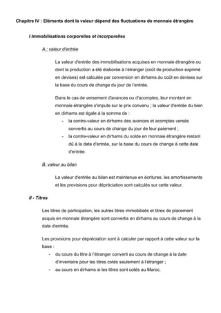 Chapitre IV : Eléments dont la valeur dépend des fluctuations de monnaie étrangère
I Immobilisations corporelles et incorporelles
A.: valeur d'entrée
La valeur d'entrée des immobilisations acquises en monnaie étrangère ou
dont la production a été élaborée à l’étranger (coût de production exprimé
en devises) est calculée par conversion en dirhams du coût en devises sur
la base du cours de change du jour de l’entrée.
Dans le cas de versement d'avances ou d'acomptes, leur montant en
monnaie étrangère s'impute sur le prix convenu ; la valeur d'entrée du bien
en dirhams est égale à la somme de :
- la contre-valeur en dirhams des avances et acomptes versés
convertis au cours de change du jour de leur paiement ;
- la contre-valeur en dirhams du solde en monnaie étrangère restant
dû à la date d'entrée, sur la base du cours de change à cette date
d'entrée.
B. valeur au bilan
La valeur d'entrée au bilan est maintenue en écritures. les amortissements
et les provisions pour dépréciation sont calculés sur cette valeur.
II - Titres
Les titres de participation, les autres titres immobilisés et titres de placement
acquis en monnaie étrangère sont convertis en dirhams au cours de change à la
date d'entrée.
Les provisions pour dépréciation sont à calculer par rapport à cette valeur sur la
base :
- du cours du titre à l’étranger converti au cours de change à la date
d'inventaire pour les titres cotés seulement à l’étranger ;
- au cours en dirhams si les titres sont cotés au Maroc.
 