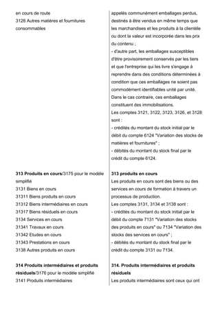 en cours de route
3128 Autres matières et fournitures
consommables
313 Produits en cours/3175 pour le modèle
simplifié
3131 Biens en cours
31311 Biens produits en cours
31312 Biens intermédiaires en cours
31317 Biens résiduels en cours
3134 Services en cours
31341 Travaux en cours
31342 Etudes en cours
31343 Prestations en cours
3138 Autres produits en cours
314 Produits intermédiaires et produits
résiduels/3176 pour le modèle simplifié
3141 Produits intermédiaires
appelés communément emballages perdus,
destinés à être vendus en même temps que
les marchandises et les produits à la clientèle
ou dont la valeur est incorporée dans les prix
du contenu ;
- d'autre part, les emballages susceptibles
d'être provisoirement conservés par les tiers
et que l'entreprise qui les livre s'engage à
reprendre dans des conditions déterminées à
condition que ces emballages ne soient pas
commodément identifiables unité par unité.
Dans le cas contraire, ces emballages
constituent des immobilisations.
Les comptes 3121, 3122, 3123, 3126, et 3128
sont :
- crédités du montant du stock initial par le
débit du compte 6124 "Variation des stocks de
matières et fournitures" ;
- débités du montant du stock final par le
crédit du compte 6124.
313 produits en cours
Les produits en cours sont des biens ou des
services en cours de formation à travers un
processus de production.
Les comptes 3131, 3134 et 3138 sont :
- crédités du montant du stock initial par le
débit du compte 7131 "Variation des stocks
des produits en cours" ou 7134 "Variation des
stocks des services en cours" ;
- débités du montant du stock final par le
crédit du compte 3131 ou 7134.
314. Produits intermédiaires et produits
résiduels
Les produits intermédiaires sont ceux qui ont
 