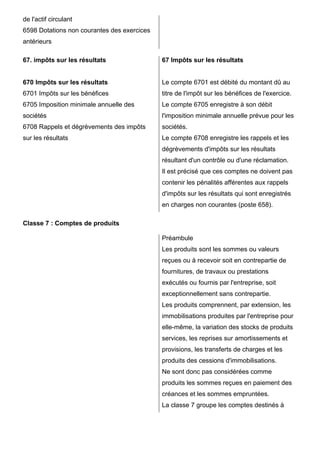 de l'actif circulant
6598 Dotations non courantes des exercices
antérieurs
67. impôts sur les résultats
670 Impôts sur les résultats
6701 Impôts sur les bénéfices
6705 Imposition minimale annuelle des
sociétés
6708 Rappels et dégrèvements des impôts
sur les résultats
67 Impôts sur les résultats
Le compte 6701 est débité du montant dû au
titre de l'impôt sur les bénéfices de l'exercice.
Le compte 6705 enregistre à son débit
l'imposition minimale annuelle prévue pour les
sociétés.
Le compte 6708 enregistre les rappels et les
dégrèvements d'impôts sur les résultats
résultant d'un contrôle ou d'une réclamation.
Il est précisé que ces comptes ne doivent pas
contenir les pénalités afférentes aux rappels
d'impôts sur les résultats qui sont enregistrés
en charges non courantes (poste 658).
Classe 7 : Comptes de produits
Préambule
Les produits sont les sommes ou valeurs
reçues ou à recevoir soit en contrepartie de
fournitures, de travaux ou prestations
exécutés ou fournis par l'entreprise, soit
exceptionnellement sans contrepartie.
Les produits comprennent, par extension, les
immobilisations produites par l'entreprise pour
elle-même, la variation des stocks de produits
services, les reprises sur amortissements et
provisions, les transferts de charges et les
produits des cessions d'immobilisations.
Ne sont donc pas considérées comme
produits les sommes reçues en paiement des
créances et les sommes empruntées.
La classe 7 groupe les comptes destinés à
 