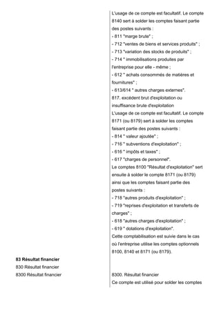 83 Résultat financier
830 Résultat financier
8300 Résultat financier
L'usage de ce compte est facultatif. Le compte
8140 sert à solder les comptes faisant partie
des postes suivants :
- 811 "marge brute" ;
- 712 "ventes de biens et services produits" ;
- 713 "variation des stocks de produits" ;
- 714 " immobilisations produites par
l'entreprise pour elle - même ;
- 612 " achats consommés de matières et
fournitures" ;
- 613/614 " autres charges externes".
817. excédent brut d'exploitation ou
insuffisance brute d'exploitation
L'usage de ce compte est facultatif. Le compte
8171 (ou 8179) sert à solder les comptes
faisant partie des postes suivants :
- 814 " valeur ajoutée" ;
- 716 " subventions d'exploitation" ;
- 616 " impôts et taxes" ;
- 617 "charges de personnel".
Le comptes 8100 "Résultat d'exploitation" sert
ensuite à solder le compte 8171 (ou 8179)
ainsi que les comptes faisant partie des
postes suivants :
- 718 "autres produits d'exploitation" ;
- 719 "reprises d'exploitation et transferts de
charges" ;
- 618 "autres charges d'exploitation" ;
- 619 " dotations d'exploitation".
Cette comptabilisation est suivie dans le cas
où l'entreprise utilise les comptes optionnels
8100, 8140 et 8171 (ou 8179).
8300. Résultat financier
Ce compte est utilisé pour solder les comptes
 
