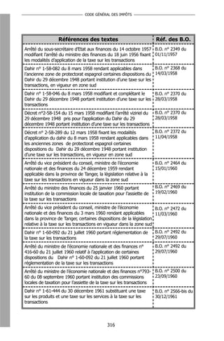 CODE GÉNÉRAL DES IMPÔTS




                  Références des textes                               Réf. des B.O.
Arrêté du sous-secrétaire d’Etat aux finances du 14 octobre 1957 B.O. n° 2349 du
modifiant l’arrêté du ministre des finances du 18 juin 1956 fixant 01/11/1957
les modalités d’application de la taxe sur les transactions
Dahir n° 1-58-082 du 8 mars 1958 rendant applicables dans         B.O. n° 2368 du
l’ancienne zone de protectorat espagnol certaines dispositions du 14/03/1958
Dahir du 29 décembre 1948 portant institution d’une taxe sur les
transactions, en vigueur en zone sud
Dahir n° 1-58-046 du 8 mars 1958 modifiant et complétant le      B.O. n° 2370 du
Dahir du 29 décembre 1948 portant institution d’une taxe sur les 28/03/1958
transactions
Décret n°2-58-154 du 15 mars 1958 modifiant l’arrêté viziriel du      B.O. n° 2370 du
29 décembre 1948 pris pour l’application du Dahir du 29               28/03/1958
décembre 1948 portant institution d’une taxe sur les transactions
Décret n° 2-58-289 du 12 mars 1958 fixant les modalités               B.O. n° 2372 du
d’application du dahir du 8 mars 1958 rendant applicables dans        11/04/1958
les anciennes zones de protectorat espagnol certaines
dispositions du Dahir du 29 décembre 1948 portant institution
d’une taxe sur les transactions, en vigueur en zone sud
Arrêté du vice président du conseil, ministre de l’économie           B.O. n° 2464 du
nationale et des finances du 24 décembre 1959 rendant                 15/01/1960
applicable dans la province de Tanger, la législation relative à la
taxe sur les transactions en vigueur dans la zone sud
Arrêté du ministre des finances du 25 janvier 1960 portant            B.O. n° 2469 du
institution de la commission locale de taxation pour l’assiette de    19/02/1960
la taxe sur les transactions
Arrêté du vice président du conseil, ministre de l’économie          B.O. n° 2472 du
nationale et des finances du 3 mars 1960 rendant applicables         11/03/1960
dans la province de Tanger, certaines dispositions de la législation
relative à la taxe sur les transactions en vigueur dans la zone sud
Dahir n° 1-60-092 du 21 juillet 1960 portant réglementation de        B.O. n° 2492 du
la taxe sur les transactions                                          29/07/1960

Arrêté du ministre de l’économie nationale et des finances n°         B.O. n° 2492 du
416-60 du 21 juillet 1960 relatif à l’application de certaines        29/07/1960
dispositions du Dahir n° 1-60-092 du 21 juillet 1960 portant
réglementation de la taxe sur les transactions
Arrêté du ministre de l’économie nationale et des finances n°793- B.O. n° 2500 du
60 du 08 septembre 1960 portant institution des commissions         23/09/1960
locales de taxation pour l’assiette de la taxe sur les transactions
Dahir n° 1-61-444 du 30 décembre 1961 substituant une taxe            B.O. n° 2566-bis du
sur les produits et une taxe sur les services à la taxe sur les       30/12/1961
transactions



                                             316
 