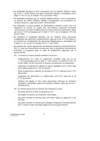 Code Général des Impôts
Le 14-06-2012
12
les dividendes distribués à leurs actionnaires par les banques Offshore régies
par la loi n° 58-90 relative aux places financières offshore, promulguée par le
dahir n°1-91-131 du 21 chabane 1412 (26 Février 1992) ;
les dividendes distribués par les sociétés holding offshore à leurs actionnaires,
au prorata du chiffre d’affaires offshore correspondant aux prestations de
services exonérées, régies par la loi n° 58-90 précitée ;
les dividendes et autres produits de participations similaires versés, mis à la
disposition ou inscrits en compte des non-résidents, provenant d'activités
exercées par les sociétés installées dans les zones franches d'exportation, régies
par la loi n°19-94 promulguée par le dahir n°1-95-1 du 24 chaabane 1415 (26
janvier 1995) ;
les bénéfices et dividendes distribués par les titulaires d’une concession
d’exploitation des gisements d’hydrocarbures régis par la loi n°21-90 relative à
la recherche et à l’exploitation des gisements d’hydrocarbures, promulguée par
le dahir n°1-91-118 du 27 ramadan 1412 ( 1er
avril 1992) ;
les produits des actions appartenant à la Banque Européenne d'Investissements
(B.E.I.), suite aux financements accordés par celle-ci au bénéfice d'investisseurs
marocains et européens dans le cadre de programmes approuvés par le
gouvernement.
2°- Les intérêts et autres produits similaires servis aux :
- établissements de crédit et organismes assimilés régis par la loi
n° 34-03 promulguée par le dahir n° 1-05-178 du 15 moharrem 1427 (14
février 2006), au titre des prêts et avances consentis par ces organismes ;
- organismes de placement collectif en valeurs mobilières (O.P.C.V.M.) régis
par le dahir portant loi n°1-93-213 précité ;
- fonds de placements collectifs en titrisation (F.P.C.T.) régis par la loi n°10-
98 précitée ;
- organismes de placements en capital-risque (O.P.C.R.) régis par la loi
n°41-05 précitée ;
- titulaires des dépôts et tous autres placements effectués en monnaies
étrangères convertibles auprès des banques offshore régies par la loi n°
58-90 précitée.
3°- Les intérêts perçus par les sociétés non résidentes au titre :
- des prêts consentis à l’État ou garantis par lui ;
- des dépôts en devises ou en dirhams convertibles ;
- des prêts octroyés en devises pour une durée égale ou supérieure à dix
(10) ans ;
- des prêts octroyés en devises par la Banque Européenne d’Investissement
(B.E.I.) dans le cadre de projets approuvés par le gouvernement.
 
