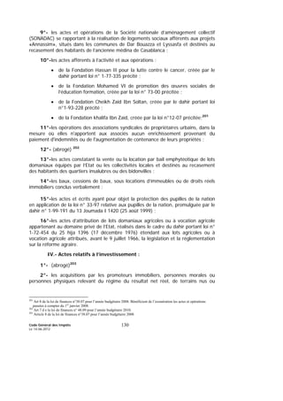 Code Général des Impôts
Le 14-06-2012
130
9°- les actes et opérations de la Société nationale d’aménagement collectif
(SONADAC) se rapportant à la réalisation de logements sociaux afférents aux projets
«Annassim», situés dans les communes de Dar Bouazza et Lyssasfa et destinés au
recasement des habitants de l’ancienne médina de Casablanca ;
10°-les actes afférents à l’activité et aux opérations :
• de la Fondation Hassan II pour la lutte contre le cancer, créée par le
dahir portant loi n° 1-77-335 précité ;
• de la Fondation Mohamed VI de promotion des œuvres sociales de
l’éducation formation, créée par la loi n° 73-00 précitée ;
• de la Fondation Cheikh Zaîd Ibn Soltan, créée par le dahir portant loi
n°1-93-228 précité ;
• de la Fondation khalifa Ibn Zaïd, créée par la loi n°12-07 précitée;201
11°-les opérations des associations syndicales de propriétaires urbains, dans la
mesure où elles n'apportent aux associés aucun enrichissement provenant du
paiement d'indemnités ou de l'augmentation de contenance de leurs propriétés ;
12°- (abrogé) 202
13°-les actes constatant la vente ou la location par bail emphytéotique de lots
domaniaux équipés par l’Etat ou les collectivités locales et destinés au recasement
des habitants des quartiers insalubres ou des bidonvilles ;
14°-les baux, cessions de baux, sous locations d’immeubles ou de droits réels
immobiliers conclus verbalement ;
15°-les actes et écrits ayant pour objet la protection des pupilles de la nation
en application de la loi n° 33-97 relative aux pupilles de la nation, promulguée par le
dahir n° 1-99-191 du 13 Joumada I 1420 (25 août 1999) ;
16°-les actes d’attribution de lots domaniaux agricoles ou à vocation agricole
appartenant au domaine privé de l’Etat, réalisés dans le cadre du dahir portant loi n°
1-72-454 du 25 hija 1396 (17 décembre 1976) étendant aux lots agricoles ou à
vocation agricole attribués, avant le 9 juillet 1966, la législation et la réglementation
sur la réforme agraire.
IV.- Actes relatifs à l’investissement :
1°- (abrogé)203
2°- les acquisitions par les promoteurs immobiliers, personnes morales ou
personnes physiques relevant du régime du résultat net réel, de terrains nus ou
201
Art 8 de la loi de finances n°38.07 pour l’année budgétaire 2008. Bénéficient de l’exonération les actes et opérations
passées à compter du 1er
janvier 2008.
202
Art 7 d e la loi de finances n° 48.09 pour l’année budgétaire 2010.
203
Article 8 de la loi de finances n°38.07 pour l’année budgétaire 2008
 