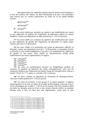 Code Général des Impôts
Le 14-06-2012
132
c) l’augmentation de capital des sociétés dont les actions sont introduites à
la cote de la bourse des valeurs, ou dont l'introduction à la cote a été demandée,
sous réserve que ces actions représentent au moins 20 % du capital desdites
sociétés ;
d) (abrogé)210
e) (abrogé)211
9°- (abrogé)212
10°-les actes relatifs aux variations du capital et aux modifications des statuts
ou des règlements de gestion des Organismes de placement collectif en valeurs
mobilières, soumis aux dispositions du dahir portant loi n° 1-93-213 précitée ;
11°-les actes relatifs aux variations du capital et aux modifications des statuts
ou des règlements de gestion des Organismes de placement en capital risque,
institués par la loi n°41-05 précitée;
12°-les actes relatifs à la constitution des Fonds de placements collectifs en
titrisation, soumis aux dispositions de la loi n° 10-98 précitée, à l’acquisition d’actifs,
à l’émission et à la cession d’obligations et de parts, à la modification des règlements
de gestion et aux autres actes relatifs au fonctionnement desdits fonds
conformément aux textes réglementaires en vigueur ;
13°- (abrogé)213
14°-(abrogé)214
15°- (abrogé)215
16°- (abrogé)216
17°- les actes de cautionnement bancaire ou d’hypothèque produits ou
consentis en garantie du paiement des droits d’enregistrement, ainsi que les
mainlevées délivrées par l’inspecteur des impôts chargé de l’enregistrement, prévus à
l’article 130 (II- B ) 217
ci-après et à l’article 134-I ci-dessous.
18°- les actes, activités ou opérations de l’Université AL Akhawayn d’Ifrane,
créée par le dahir portant loi n° 1.93.227 précité ;
19°- les actes de transfert, à titre gratuit et en pleine propriété, à l’Agence
d’aménagement et de mise en valeur de la vallée du Bou Regreg, créée par la loi n°
16-04, promulguée par le dahir n° 1.05.70 du 20 chaoual 1426 (23 novembre 2005)
des biens du domaine privé de l’Etat et des terrains distraits d’office du domaine
forestier dont la liste est fixée par voie réglementaire, situés dans la zone
210
Art 8 de la loi de finances n°38.08 pour l’année budgétaire 2008
211
Art 8 de la loi de finances n°38.08 pour l’année budgétaire 2008
212
Art 8 de la loi de finances n°38.08 pour l’année budgétaire 2008
213
Art 7 de la loi de finances n° 48.09 pour l’année budgétaire 2010.
214
Art 7 de la loi de finances n° 48.09 pour l’année budgétaire 2010.
215
Art 7 de la loi de finances n° 48.09 pour l’année budgétaire 2010.
216
Art 8 de la loi de finances n°38.08 pour l’année budgétaire 2008
217
Art 7 de la loi de finances n° 48.09 pour l’année budgétaire 2010.
 