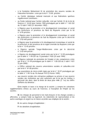 Code Général des Impôts
Le 14-06-2012
22
- à la Fondation Mohammed VI de promotion des oeuvres sociales de
l'éducation-formation créée par la loi n° 73-00 précitée ;
- au Comité olympique national marocain et aux fédérations sportives
régulièrement constituées ;
- au Fonds national pour l’action culturelle, créé par l’article 33 de la loi de
finances n° 24-82 pour l’année 1983 promulguée par le dahir n° 1-82-332
du 15 rabii I 1403 (31 décembre 1982) ;
- à l'Agence pour la promotion et le développement économique et social
des préfectures et provinces du Nord du Royaume créée par la loi
n° 6-95 précitée ;
- à l'Agence pour la promotion et le développement économique et social
des préfectures et provinces du Sud du Royaume créée par le décret-loi
n° 2-02-645 précité ;
- à l’Agence pour la promotion et le développement économique et social de
la préfecture et des provinces de la région orientale du Royaume créée par
la loi n° 12-05 précitée ;
- à l’Agence spéciale Tanger-Méditerranée créée par le décret-loi
n° 2-02-644 précité ;
- à l’Agence de développement social créée par la loi n° 12-99 promulguée
par le dahir n° 1-99-207 du 13 joumada I 1420 (25 août 1999) ;
- à l’Agence nationale de promotion de l'emploi et des compétences créée
par la loi n° 51-99 promulguée par le dahir n° 1-00-220 du 2 rabii I 1421
(5 juin 2000) ;
- à l'Office national des oeuvres universitaires sociales et culturelles créé
par la loi n° 81-00 précitée ;
- aux associations de micro-crédit régies par la loi n° 18-97 promulguée par
le dahir n° 1-99-16 du 18 chaoual 1419 (5 février 1999) ;
- aux oeuvres sociales des entreprises publiques ou privées et aux oeuvres
sociales des institutions qui sont autorisées par la loi qui les institue à
percevoir des dons, dans la limite de deux pour mille (2 °/oo) du chiffre
d'affaires du donateur ;
C-les impôts et taxes à la charge de la société, y compris les cotisations
supplémentaires émises au cours de l'exercice, à l'exception de l'impôt sur les
sociétés ;
D- les charges de personnel et de main-d’œuvre et les charges sociales y
afférentes, y compris l'aide au logement, les indemnités de représentation et les
autres avantages en argent ou en nature accordés aux employés de la société ;
E- les autres charges d'exploitation ;
F- les dotations d’exploitation.
 