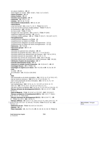 Code Général des Impôts
Le 14-06-2012
384
- de valeurs mobilières : I.R. 67
- droit d’apport en société : D.E. 131(8°), 133(I- C-6° et D-8°)
• Arbres forestiers : I.R. 49
• Arbres fruitiers : I.R. 49
• Armateur pour la pêche : I.R. 39
• Artisanale : I.S. 6 (II-C-1°-b)
• Artistes : I.R. 59, 60, 73,156
• Ascendants et descendants : I.R. 62, 63, 68
• Associations
- à but non lucratif : I.S. 6 (I-A-1°), I.R. 9 ; T.V.A. 92 (I-12°)
- à but non lucratif reconnues d’utilité publique : T.V.A. 91 (IV-2°)
- de bienfaisance : D.E. 129 (III- 7°)
- de micro-crédit : T.V.A. 91 (VII)
- d’usagers des eaux agricoles : I.S. 6 (I-A-4°) ; T.V.A. 91 (VIII)
- organismes légalement assimilés : I.S. 2 (I-3°)
- reconnues d’utilité publique : I.R. 62 ; T.V.A. 91 (VI-2°) ; 92 (I-20° et 21°)
• Assujettissement :
- assujettissement obligatoire à la T.V.A. : 89
- assujettissement sur option à la T.V.A. : 90
- assujettissement obligatoire aux droits d’enregistrement : 127 (I)
- assujettissement sur option aux droits d’enregistrement : 127 (II)
• Assurance : I.S. 19 (I-B)
• Assurance groupe : I.R. 57, 59
• Attestation :
- attestation de paiement des cotisations : I.R. 28
- attestation de propriété des titres : I.S. 6 (I- C- 1°) et 152 (5°)
- attestation délivrée par administration des Douanes : I.S. 7 (V) et (197-I)
- attestation bancaire de souscription : I.S. 10 ( III- C- 3°)
- attestation des services de recouvrement : D.E. 138 et 139 (IV)
- attestation délivrée par le président du Conseil Communal : D.E. 139 (III)
• Attribution d’option de souscription : I.R. 57
• Autorité administrative locale : I.R. 55
• Avances en compte courant d’associés : I.S. 10 (II-A-2°) ; I.R. 29
• Avantages fiscaux : I.R. et T.V.A. 164
• Avantages en argent ou en nature : I.S. 10 (I-D) et I.R. 10, 56, 58, 59
• Avis
- de débit : I.R. 28
- de vérification : I.S. 212 (I) et 220 (VIII)
B
• Bail
- bail d’immeuble ou de droits immobiliers : D.E. 127 (I- A- 4°) et 135 (I- 8°)
- bail de fonds de commerce : D.E 127 (I- A- 4°) et 135 (III- 1°)
- bail à rente perpétuelle de biens immeubles : D.E. 127 (I- A- 2°), 131
(19°) et 133 (I- A- 3°)
- bail emphytéotique : D.E. 127 (I- A- 2°), 131 (19°) et 133 (I- A- 3°)
- bail à vie : D.E. 127 (I- A-2°), 131 (21°) et 133 (I- A- 3°)
- bail dont la durée est illimitée: D.E. 127 (I- A- 2°),131 (19°) et 133 (I-A- 3°)
• Banque africaine de développement (B.A.D.) : I.S. 6 (I- A-12°) ; D.E.
129 (V-1°)
• Bank Al-Maghrib : T.V.A. 92 (I-26°) et 123 (18°) ; D.E. 133 (I-B-3°)
• Banque européenne d’investissement (B.E.I.) : I.S. 6 (I-C-1°-10ème -
tiret), 6 (I- C- 3°- 4ème tiret)
• Banque islamique de développement (B.I.D.) : I.S. 6 (I-A-11°) ; I.R.
57 ; T.V.A. 92 (I-24°) ; D.E. 129 (V-2°)
• Banque offshore : I.S. 6 (I-C-1°-6ème tiret, 6-I-C-2°-5ème tiret, 6-II-C-3°), 19
(II-B et III B), IR 73 (II - E) 165 (II), 170 (VII); T.V.A. 92 (I-27°-b) ; D.E.
129 (IV- 6°)
• Batiments de mer : T.V.A. 92 (I-33°) et 123 (10°)
• Barème : I.R. 73
• Base imposable : I.S., 8 et 13 à 16; I.R. 25, 38, 40, 42, 48, 54; T.V.A. 96
Mis en forme : Portugais
Brésil
 
