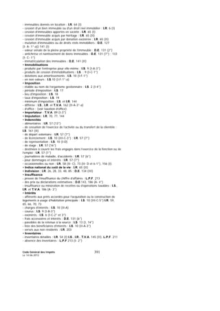 Code Général des Impôts
Le 14-06-2012
391
- immeubles donnés en location : I.R. 64 (I)
- cession d’un bien immeuble ou d’un droit réel immobilier : I.R. 6 (I)
- cession d’immeubles apportés en société : I.R. 65 (I)
- cession d’immeuble acquis par héritage : I.R. 65 (II)
- cession d’immeuble acquis par donation exonérée : I.R. 65 (II)
- mutation d’immeubles ou de droits réels immobiliers : D.E. 127
(I- A- 1°-a)) 141 (I)
- valeur vénale de la pleine propriété de l’immeuble : D.E. 131 (2°)
- antichrèse et nantissement de biens immeubles : D.E. 131 (7°) ; 133
(I- C- 1°)
- immatriculation des immeubles : D.E. 141 (II)
• Immobilisations
- produite par l’entreprise pour elle-même : I.S. 9 (I-A-3°)
- produits de cession d’immobilisations : I.S. : 9 (I-C-1°)
- dotations aux amortissements : I.S. 10 (I-F-1°)
- en non valeurs : I.S.10 (I-F-1°-a)
• Imposition
- établie au nom de l’organisme gestionnaire : I.S. 2 (I-4°)
- période d’imposition : I.S. 17
- lieu d’imposition : I.S. 18
- taux d’imposition : I.S. 19
- minimum d’imposition : I.S. et I.R. 144
- différée : I.S., I.R. et T.V.A. 162 (II-A-3°-a)
- d’office : (voir taxation d’office)
• Importateur : T.V.A. 89 (I-3°)
• Imputation : I.R. 70, 77, 144
• Indemnités
- alimentaires : I.R. 57 (13°)
- de cessation de l’exercice de l’activité ou du transfert de la clientèle :
I.S. 161 (II)
- de départ volontaire : I.R. 57 (7°)
- de licenciement : I.S. 10 (III-C-3°) ; I.R. 57 (7°)
- de représentation : I.S. 10 (I-D)
- de stage : I.R. 57 (16°)
- destinées à couvrir les frais engagés dans l’exercice de la fonction ou de
l’emploi : I.R. 57 (1°)
- journalières de maladie, d’accidents : I.R. 57 (6°)
- pour dommages et intérêts : I.R. 57 (7°)
- occasionnelles ou non : I.R. 58 (II- C), 73 (II- D et 6-1°), 156 (I)
• Indice national du coût de la vie : I.R. 65 (II)
• Indivision : I.R. 26, 28, 33, 48, 85 ; D.E. 134 (III)
• Insuffisance
- preuve de l’insuffisance du chiffre d’affaires : L.P.F. 213
- des prix ou déclarations estimatives : D.E 143, 186 (A- 4°)
- insuffisance ou minoration de recettes ou d’opérations taxables : I.S.,
I.R. et T.V.A. 186 (A- 3°)
• Intérêts
- afférents aux prêts accordés pour l’acquisition ou la construction de
logements à usage d’habitation principale : I.S. 10 (III-C-5°) I.R. 59,
65, 66, 70, 73
- charges d’intérêts : I.S. 10 (II-A)
- courus : I.S. 9 (I-B-3°)
- exonérés : I.S. 6 (I-C-2° et 3°)
- frais accessoires et intérêts : D.E. 131 (6°)
- passibles de la retenue à la source : I.S. 13 (I, 14°)
- liste des bénéficiaires d’intérêts : I.S. 10 (II-A-3°)
- versés aux non résidents : I.R. 203
• Inventaires :
- inventaires détaillés : I.R. 54 (I) I.S., I.R., T.V.A. 145 (II), L.P.F. 211
- absence des inventaires : L.P.F 213 (I- 2°)
 