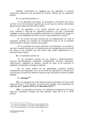 Code Général des Impôts
Le 14-06-2012
91
Toutefois, l’exonération ne s’applique pas aux opérations à caractère
commercial, industriel ou de prestations de services réalisées par les organismes
précités.
V.- Les opérations portant sur :
1°- les opérations d'escompte, de réescompte et les intérêts des valeurs
de l'Etat et des titres d'emprunt garantis par lui ainsi que les diverses commissions
allouées pour le placement des mêmes valeurs ;
2°- les opérations et les intérêts afférents aux avances et aux
prêts consentis à l'Etat par les organismes autorisés à cet effet. L’exonération
s'applique à tous les stades des opérations aboutissant à la réalisation des avances et
des prêts et à la mobilisation des effets créés en représentation de ces prêts;137
3°- les intérêts des prêts accordés par les établissements de crédit et
organismes assimilés aux étudiants de l'enseignement privé ou de la formation
professionnelle et destinés à financer leurs études ;
4°- les prestations de services afférentes à la restauration, au transport et
aux loisirs scolaires fournies par les établissements de l'enseignement privé au profit
des élèves et des étudiants qui sont inscrits dans lesdits établissements et y
poursuivent leurs études ;
VI.- Les opérations portant sur :
1°- les prestations fournies par les médecins, médecins-dentistes,
masseurs kinésithérapeutes, orthoptistes, orthophonistes, infirmiers, herboristes,
sages-femmes, exploitants de cliniques, maisons de santé ou de traitement et
exploitants de laboratoires d’analyses médicales;
2°- les ventes portant sur les appareillages spécialisés destinés
exclusivement aux handicapés. Il en est de même des opérations de contrôle de la
vue effectuées au profit des déficients visuels par des associations reconnues d'utilité
publique;
3°- (abrogé)138
VII.- Les opérations de crédit effectuées par les associations de micro-crédit
régies par la loi n° 18-97 précitée, au profit de leur clientèle. Cette exonération est
applicable du 1er
janvier 2012 au 31 décembre 2012139
.
VIII.- Les opérations nécessaires à la réalisation du programme de travaux
objet des associations d’usagers des eaux agricoles régies par la loi n° 84-02
précitée.
137
Art 7 de la loi de finances n° 48-09 pour l’année budgétaire 2010
138
Art 7 de la loi de finances n° 22-12 pour l’année budgétaire 2012
139
Art 7 de la loi de finances n° 22-12 pour l’année budgétaire 2012
 