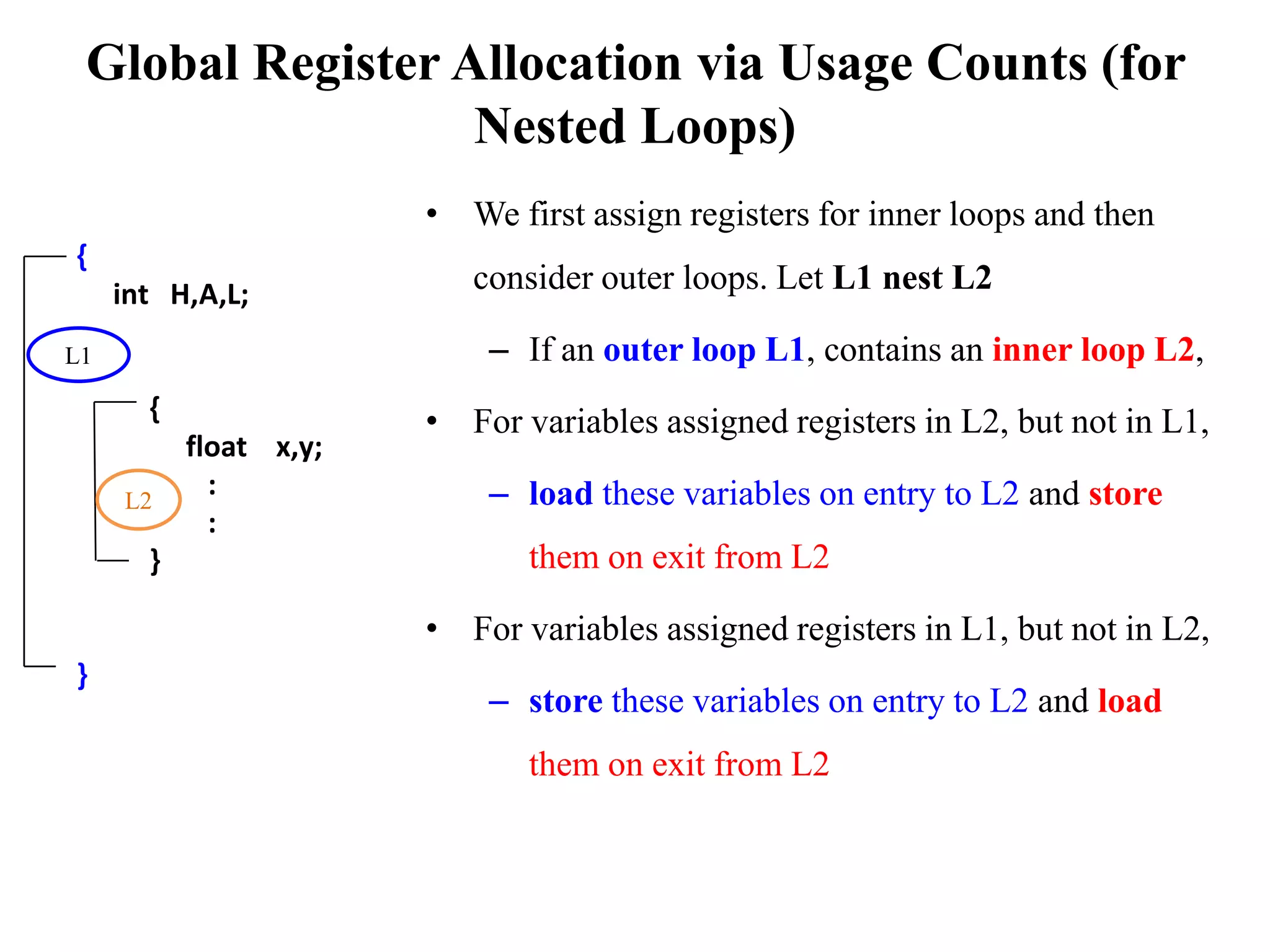 Global Register Allocation via Usage Counts (for
Nested Loops)
• We first assign registers for inner loops and then
consider outer loops. Let L1 nest L2
– If an outer loop L1, contains an inner loop L2,
• For variables assigned registers in L2, but not in L1,
– load these variables on entry to L2 and store
them on exit from L2
• For variables assigned registers in L1, but not in L2,
– store these variables on entry to L2 and load
them on exit from L2
{
int H,A,L;
{
float x,y;
:
:
}
}
L1
L2
 
