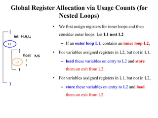 Global Register Allocation via Usage Counts (for
Nested Loops)
• We first assign registers for inner loops and then
consider outer loops. Let L1 nest L2
– If an outer loop L1, contains an inner loop L2,
• For variables assigned registers in L2, but not in L1,
– load these variables on entry to L2 and store
them on exit from L2
• For variables assigned registers in L1, but not in L2,
– store these variables on entry to L2 and load
them on exit from L2
{
int H,A,L;
{
float x,y;
:
:
}
}
L1
L2
 