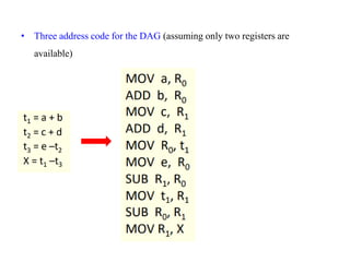 • Three address code for the DAG (assuming only two registers are
available)
 