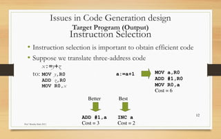 Prof Monika Shah (NU)
12
Instruction Selection
• Instruction selection is important to obtain efficient code
• Suppose we translate three-address code
x:=y+z
to: MOV y,R0
ADD z,R0
MOV R0,x
a:=a+1 MOV a,R0
ADD #1,R0
MOV R0,a
ADD #1,a INC a
Cost = 6
Cost = 3 Cost = 2
Better Best
Issues in Code Generation design
Target Program (Output)
 
