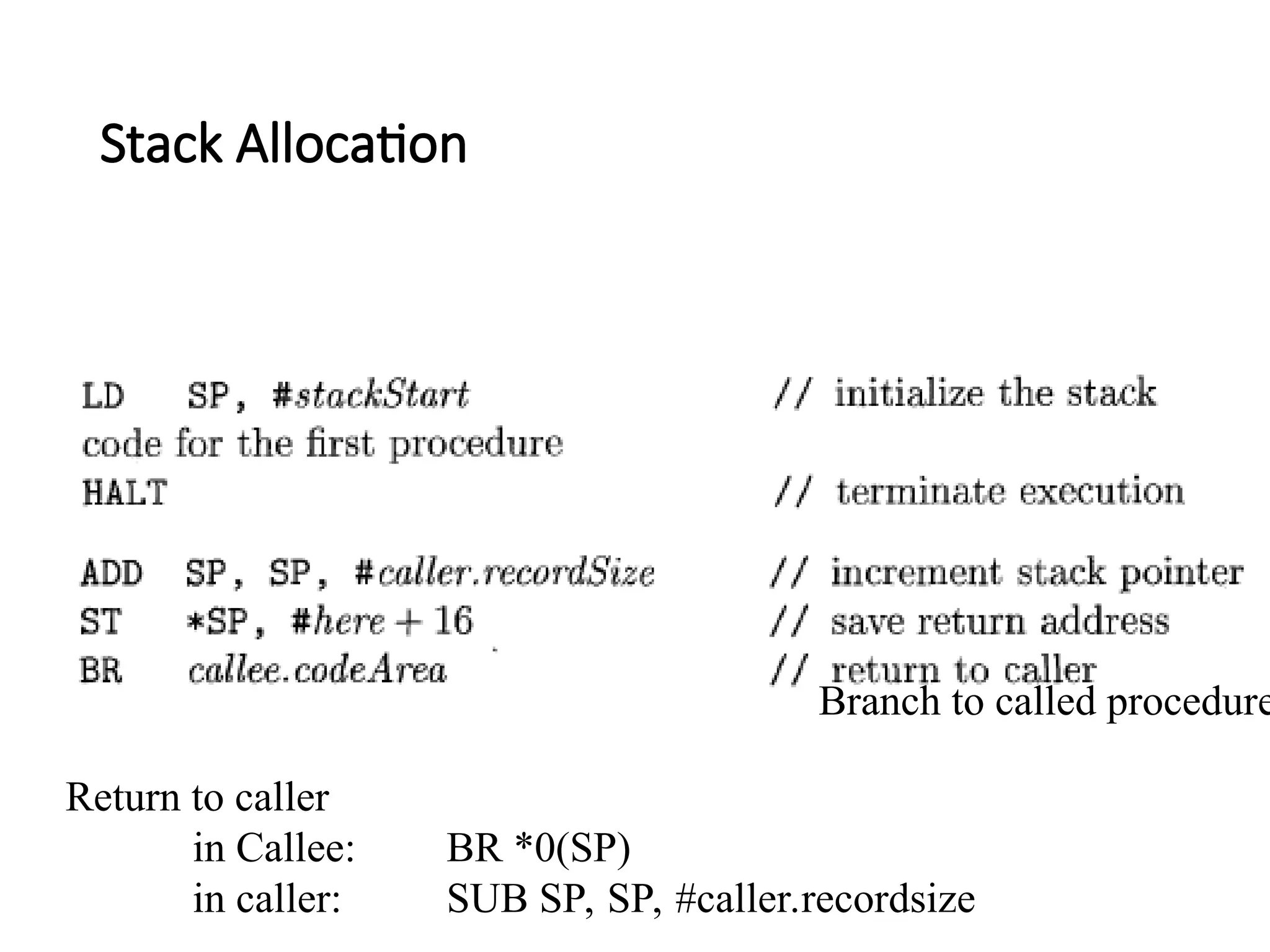 Stack Allocation
Return to caller
in Callee: BR *0(SP)
in caller: SUB SP, SP, #caller.recordsize
Branch to called procedure
 