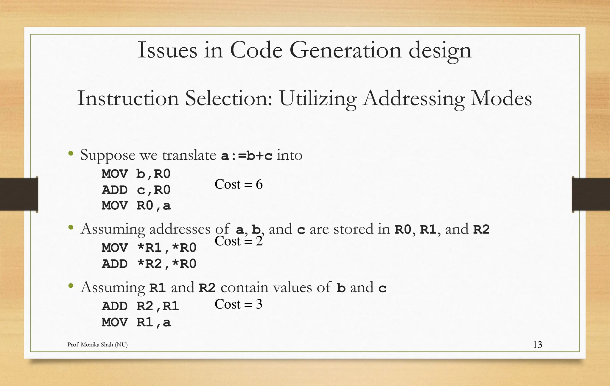 Prof Monika Shah (NU) 13 Instruction Selection: Utilizing Addressing Modes • Suppose we translate a:=b+c into MOV b,R0 ADD c,R0 MOV R0,a • Assuming addresses of a, b, and c are stored in R0, R1, and R2 MOV *R1,*R0 ADD *R2,*R0 • Assuming R1 and R2 contain values of b and c ADD R2,R1 MOV R1,a Issues in Code Generation design Cost = 6 Cost = 2 Cost = 3 