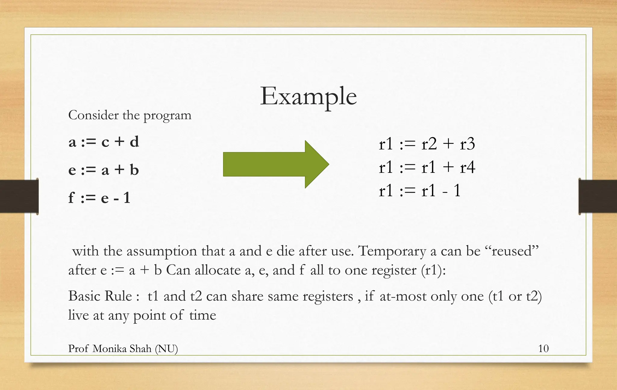 Prof Monika Shah (NU) 10
Example
Consider the program
a := c + d
e := a + b
f := e - 1
with the assumption that a and e die after use. Temporary a can be “reused”
after e := a + b Can allocate a, e, and f all to one register (r1):
Basic Rule : t1 and t2 can share same registers , if at-most only one (t1 or t2)
live at any point of time
r1 := r2 + r3
r1 := r1 + r4
r1 := r1 - 1
 