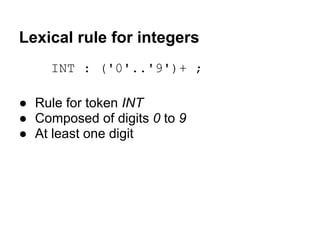 Lexical rule for integers
INT : ('0'..'9')+ ;
● Rule for token INT
● Composed of digits 0 to 9
● At least one digit
 
