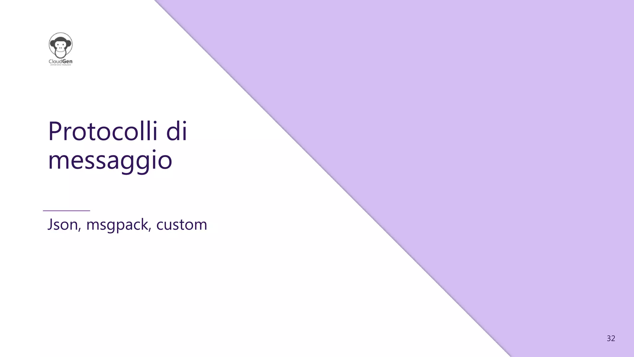 32
Protocolli di
messaggio
Json, msgpack, custom
 