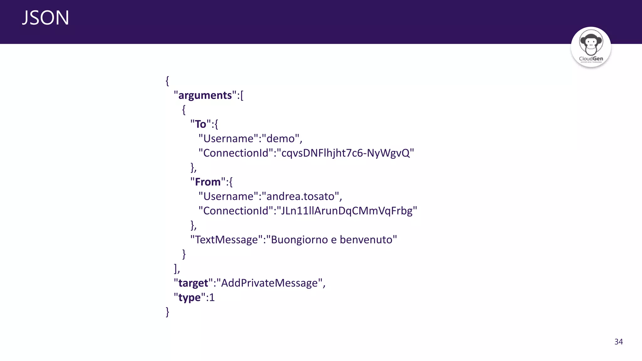 34
JSON
{
"arguments":[
{
"To":{
"Username":"demo",
"ConnectionId":"cqvsDNFlhjht7c6-NyWgvQ"
},
"From":{
"Username":"andrea.tosato",
"ConnectionId":"JLn11llArunDqCMmVqFrbg"
},
"TextMessage":"Buongiorno e benvenuto"
}
],
"target":"AddPrivateMessage",
"type":1
}
 