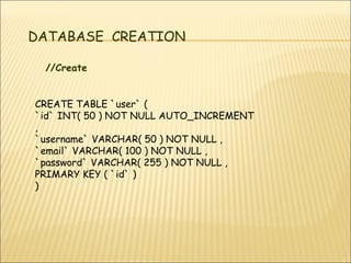 DATABASE CREATION 
//Create 
CREATE TABLE `user` ( 
`id` INT( 50 ) NOT NULL AUTO_INCREMENT 
, 
`username` VARCHAR( 50 ) NO...
