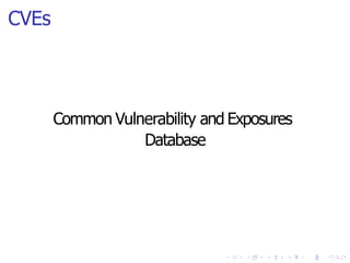 CVEs
Common Vulnerability and Exposures
Database
 
