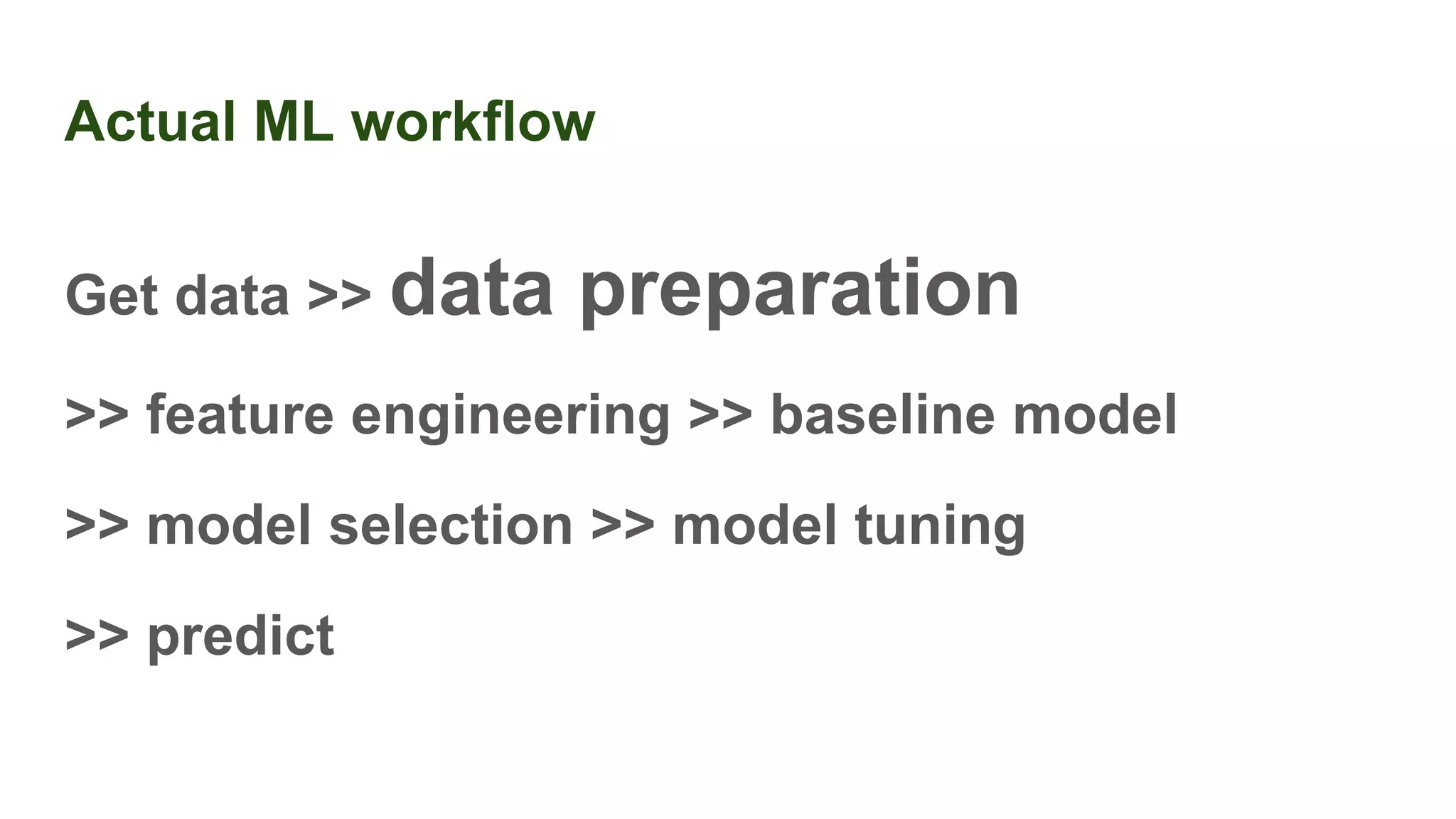 Actual ML workflow
Get data >> data preparation
>> feature engineering >> baseline model
>> model selection >> model tuning
>> predict
 