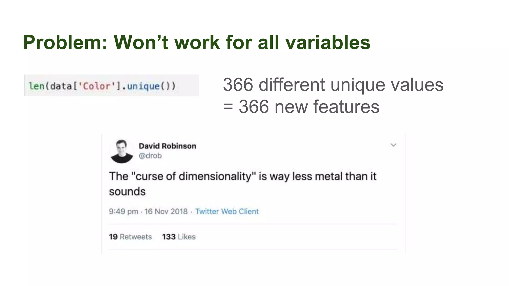 Problem: Won’t work for all variables
366 different unique values
= 366 new features
 