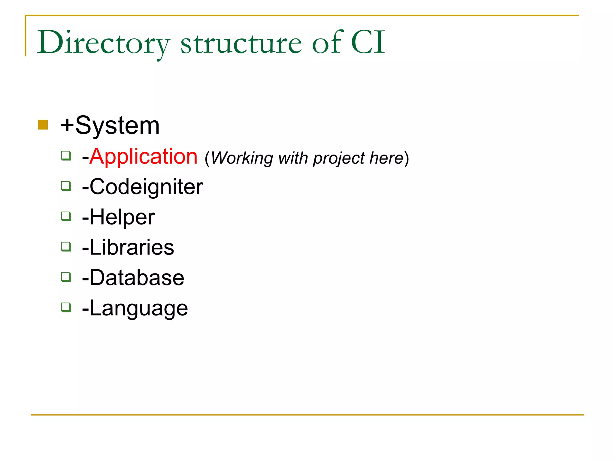 Directory structure of CI +System - Application  ( Working with project here ) -Codeigniter -Helper -Libraries -Database -Language 