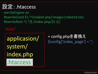設定：.htaccess
ewriteEngine on
RewriteCond $1 !^(index¥.php|images|robots¥.txt)
RewriteRule ^(.*)$ /index.php/$1 [L]
 root/
...