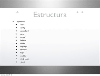 Estructura
• application/
• cache
• conﬁg/
• controllers/
• core/
• errors/
• helpers/
• hooks/
• language/
• libraries/
• logs/
• models/
• third_party/
• views/
Saturday, July 27, 13
 