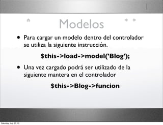 Modelos
• Para cargar un modelo dentro del controlador
se utiliza la siguiente instrucción.
$this->load->model('Blog');
• Una vez cargado podrá ser utilizado de la
siguiente mantera en el controlador
$this->Blog->funcion
Saturday, July 27, 13
 
