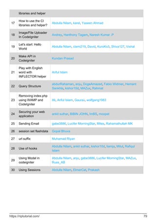 libraries and helper
17
How to use the CI
libraries and helper?
Abdulla Nilam, karel, Yaseen Ahmad
18
Image/File Uploader
In CodeIgniter
Andrey, Hanthony Tagam, Naresh Kumar .P
19
Let's start: Hello
World
Abdulla Nilam, clami219, David, KuroKo3, Shiva127, Vishal
20
Make API in
Codeigniter
Kundan Prasad
21
Play with English
word with
INFLECTOR helper
Ariful Islam
22 Query Structure
abdurRahaman, anju, DogeAmazed, Fabio Widmer, Hemant
Sankhla, kishor10d, MAZux, Rahmat
23
Removing index.php
using WAMP and
CodeIgniter
Ali, Ariful Islam, Gaurav, wolfgang1983
24
Securing your web
application
ankit suthar, BIBIN JOHN, ImBS, moopet
25 Sending Email gabe3886, Lucifer MorningStar, Miles, Rahamathullah MK
26 session set flashdata Gopal Bhuva
27 url suffix Muhamad Riyan
28 Use of hooks
Abdulla Nilam, ankit suthar, kishor10d, liamja, Mitul, Rafiqul
Islam
29
Using Model in
codeigniter
Abdulla Nilam, anju, gabe3886, Lucifer MorningStar, MAZux,
Russ_AB
30 Using Sessions Abdulla Nilam, ElmerCat, Prakash
https://riptutorial.com/ 79
 