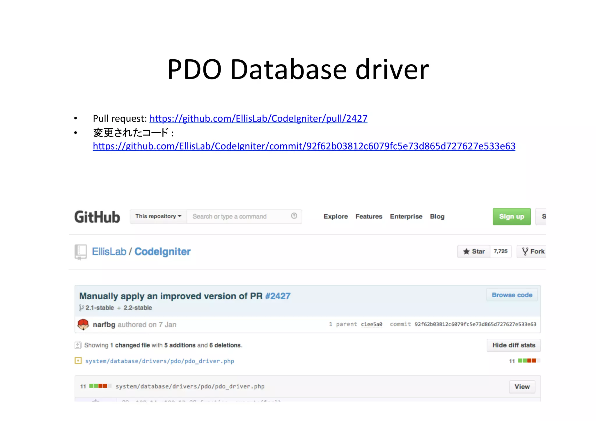 PDO	
  Database	
  driver	
  	
•  Pull	
  request:	
  hVps://github.com/EllisLab/CodeIgniter/pull/2427	
  	
  
•  変更されたコード	
  :	
  
hVps://github.com/EllisLab/CodeIgniter/commit/92f62b03812c6079fc5e73d865d727627e533e63	
  
 