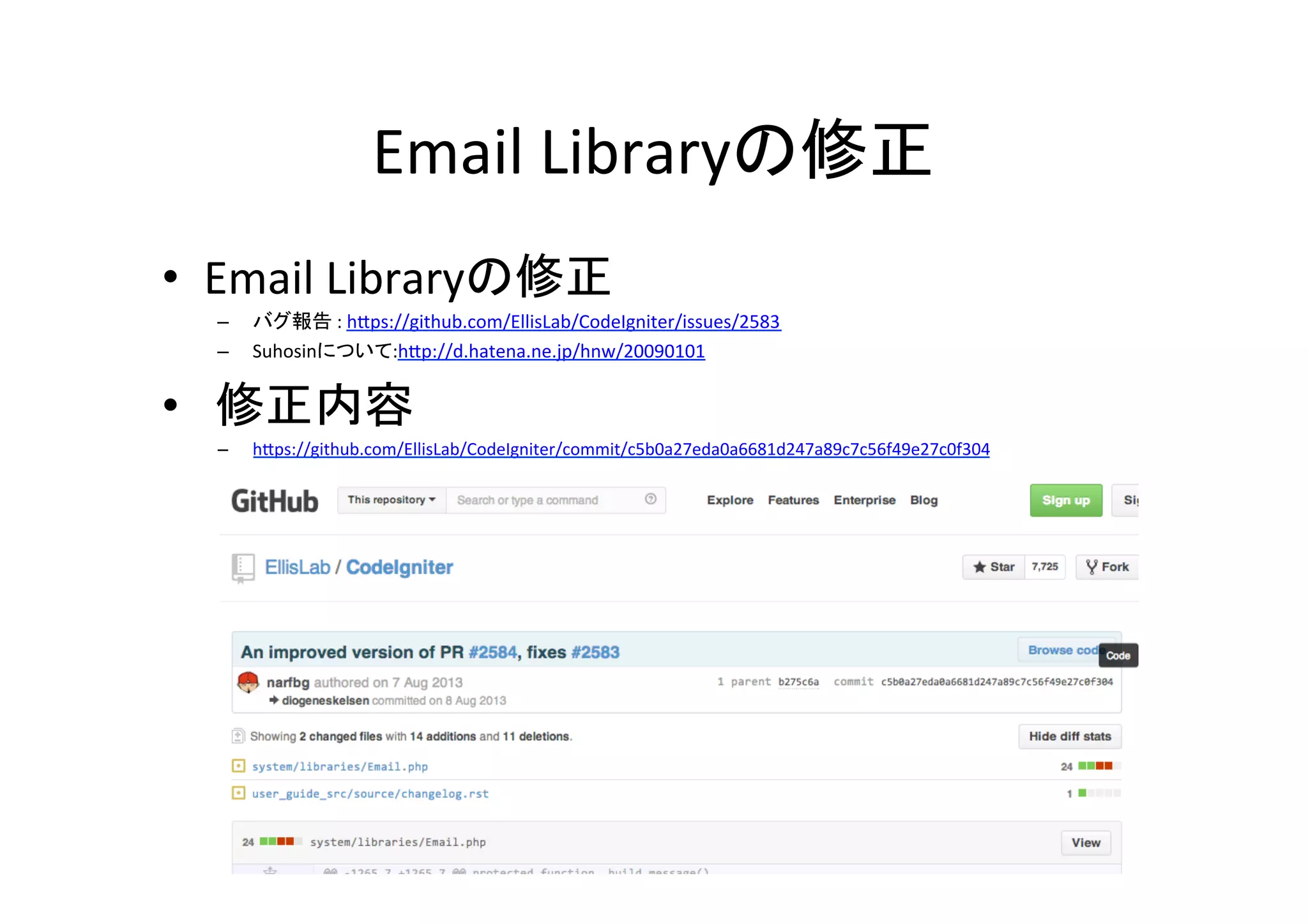 Email	
  Libraryの修正	
•  Email	
  Libraryの修正	
  
–  バグ報告	
  :	
  hVps://github.com/EllisLab/CodeIgniter/issues/2583	
  
–  Suhosinについて:hVp://d.hatena.ne.jp/hnw/20090101	
  
•  	
  修正内容	
  
–  hVps://github.com/EllisLab/CodeIgniter/commit/c5b0a27eda0a6681d247a89c7c56f49e27c0f304	
  
 