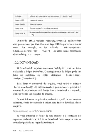 is_image Informa	se	o	arquivo	é	ou	não	uma	imagem	(1	=	sim,	0	=	não)
image_width Largura	da	imagem
image_height Altura	da	imagem
image_type Tipo	do	arquivo	(a	extensão	sem	o	ponto)
image_size_str
String	contendo	largura	e	altura,	geralmente	usada	para	adicionar	a	tag
	
img	
O	método		$this->upload->display_errors()		pode	receber
dois	parâmetros,	que	identificam	as	tags	HTML	que	envolverão	os
erros.	 Por	 exemplo,	 se	 for	 utilizado	 $this->upload-
>display_errors('<p>',	 '</p>')	 ,	 os	 erros	 serão	 retornados
dentro	da	tag		
<p>...</p>	
.
O	 download	 de	 arquivos	 usando	 o	 CodeIgniter	 pode	 ser	 feito
utilizando	o	helper	Download.	O	carregamento	do	helper	pode	ser
feito	 no	 autoload,	 ou	 então	 utilizando	 	 $this->load-
>helper('download')	
.
Para	 fazer	 o	 download	 do	 arquivo,	 você	 usará	 o	 método
force_download()	
.	O	método	recebe	3	parâmetros.	O	primeiro	é
o nome	do	arquivo	que	você	deseja	fazer	o	download,	e	o	segundo,
que	é	opcional,	são	os	dados	do	arquivo.
Se	você	informar	no	primeiro	parâmetro	o	path	de	um	arquivo
existente,	como	no	exemplo	a	seguir,	será	feito	o	download	desse
arquivo.
force_download('path/do/arquivo.jpg');
Se	 você	 informar	 o	 nome	 de	 um	 arquivo	 e	 o	 conteúdo	 no
segundo	 parâmetro,	 será	 feito	 o	 download	 desse	 arquivo	 com	 o
conteúdo	passado	no	segundo	parâmetro.
10.2	DOWNLOAD
130	 10.2	DOWNLOAD
 